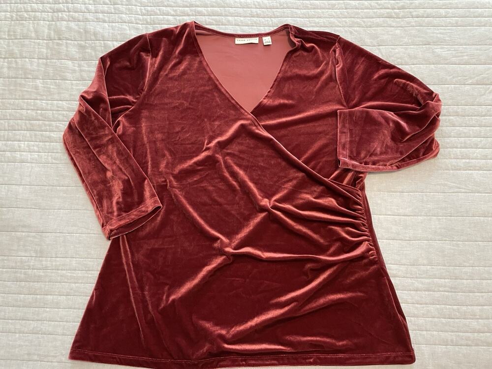Susan Graver XL Knit Velvet 3/4 Sleeve Berry Faux Wrap Top A667480 118